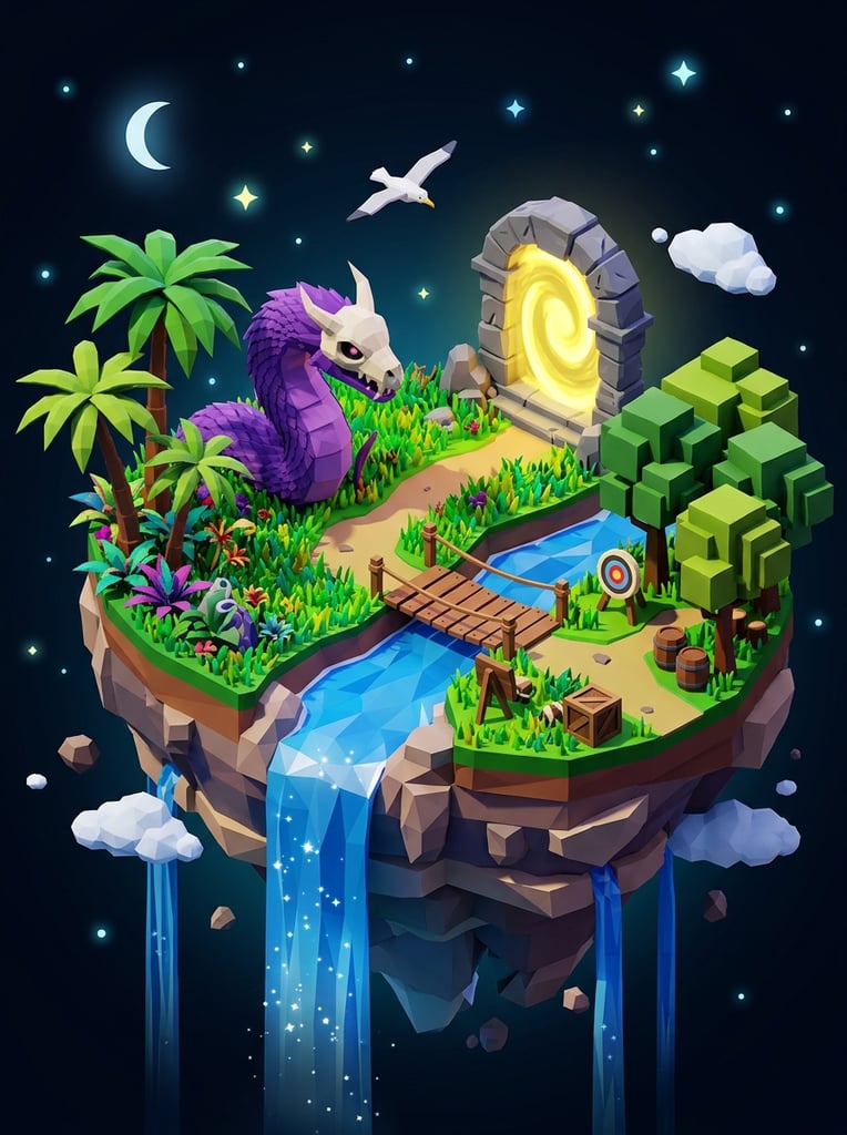 Isometric 3D floating island in a colorful low-poly art style. Vibrant grass is bisected by a blue river and waterfall. A purple serpentine creature with a bone-white skull mask emerges near a palm tree. A stone archway holds a glowing yellow portal. A bridge connects to an archery target, wooden crate, and blocky trees. A white seagull flies against a dark background.