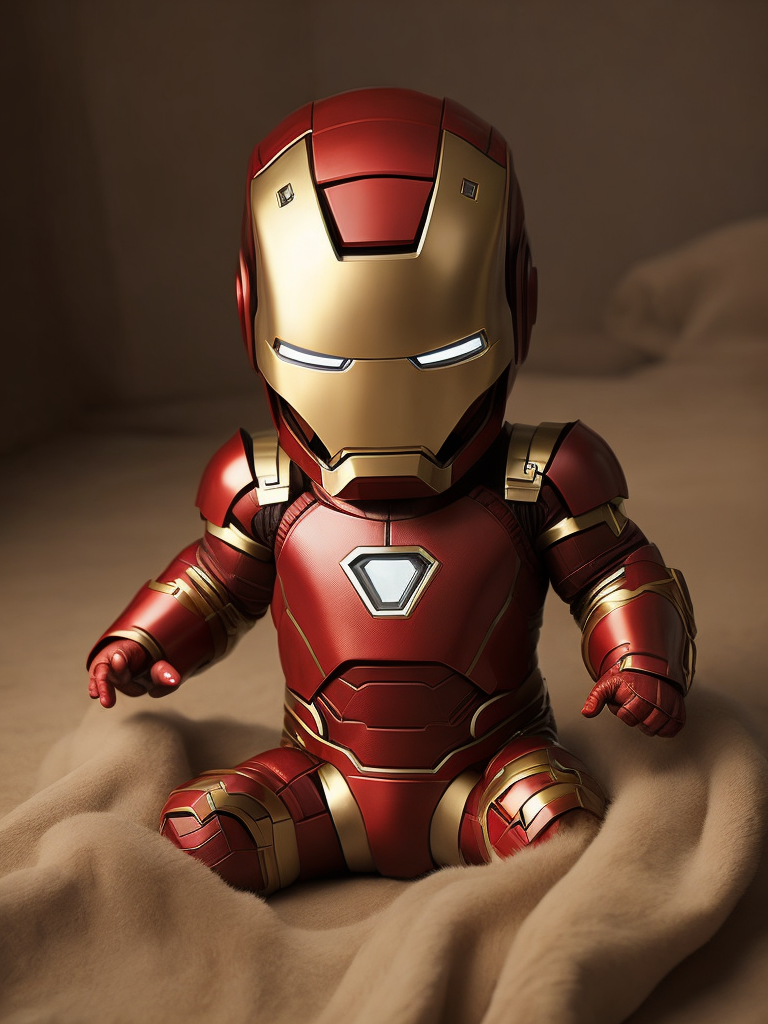 The adorable photo showcases a baby dressed in an iron man costume, capturing the essence of the iconic superhero. the little one is nestled comfortably in a red and gold onesie that mimics iron man's famous armor. the suit features meticulously crafted details, including the arc reactor on the chest and the intricate designs on the helmet. the baby's chubby cheeks and bright eyes give them an extra dose of cuteness as they gaze curiously at the camera, seemingly ready to take on the world.