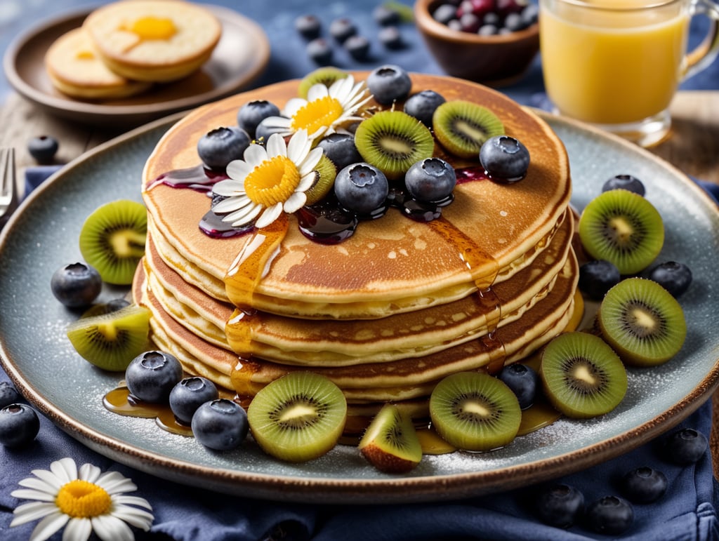 Wholesome Pancake Delight: A Vivid Culinary Masterpiece Pancakes with blueberry and kiwi decorated with chamomile flowers, bright atmosphere, Provence, Depth of field, Incredibly high detailed