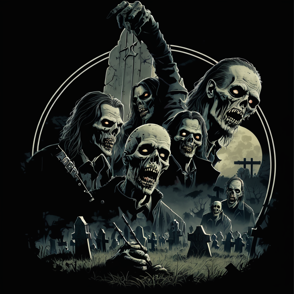 Night of the living, dead deathmetal zombies in a graveyard high-quality details, deep focus, professional shot