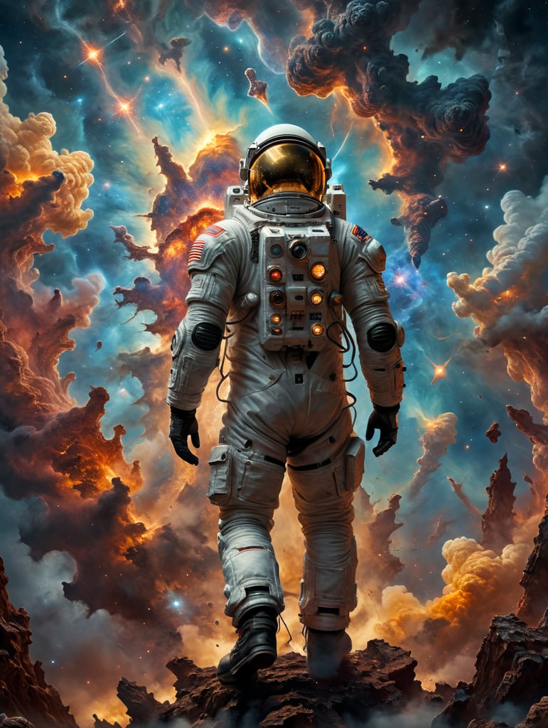 The astronaut's suit glimmers in the reclection of a muclear mushroom explosion cloud as they gaze upon the iconic pillars of creation.
