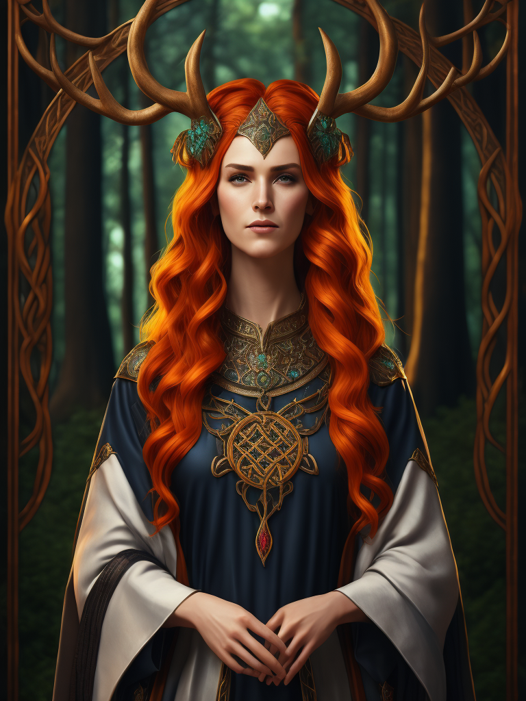 stained glass effect, celtic pagan red haired woman wearing antlers on her head, regal goddess, beautiful, in a forest, wearing ancient goddess robes with celtic embroidery, dark evening background, stained glass style