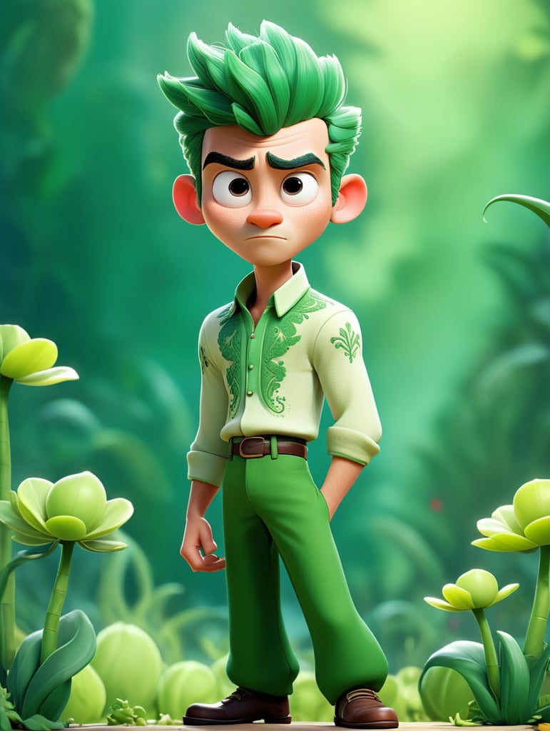 Crea al principe del reino de las plantas que vista de color verde y su cabello es corto y de color rojo, su piel es blanca y el es delgado y con una apariencia inocente, utiliza ropa muy femenina