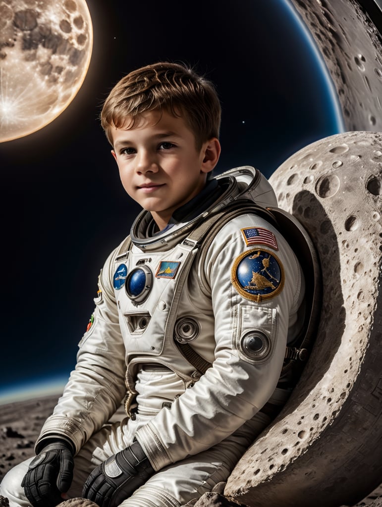 pre teen boy in space suit sitting on a small moon in outer space.