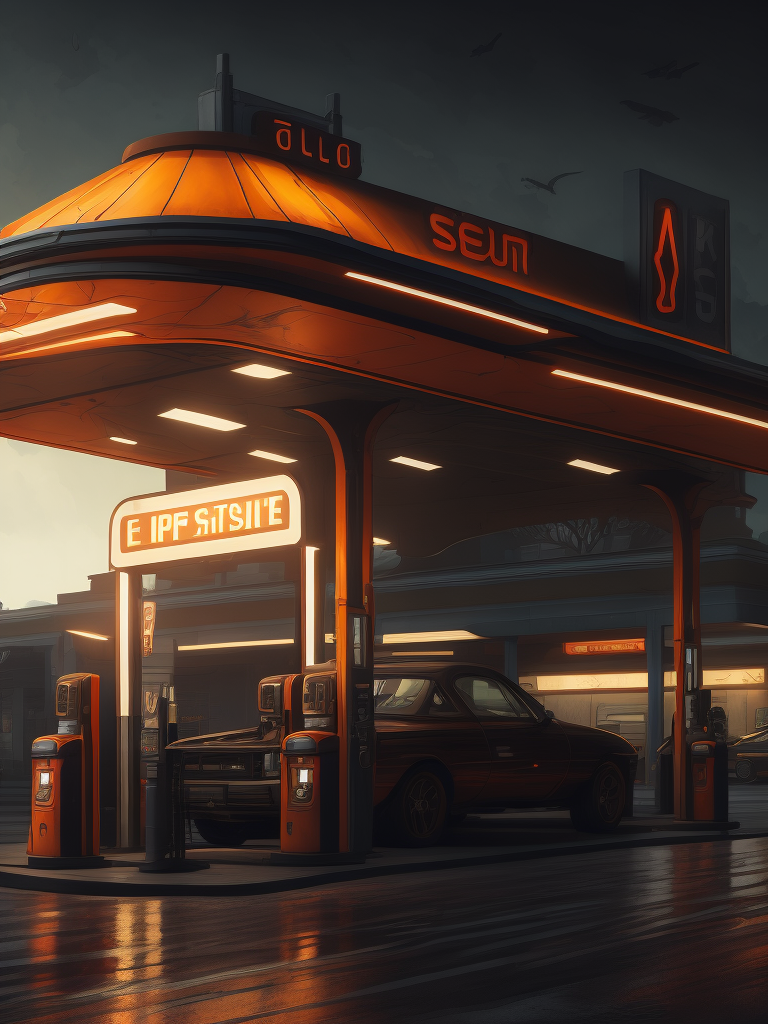 Gas station, sci-fi, highly detailed, digital painting, artstation, concept art, smooth, sharp focus, illustration, art by artgerm and greg rutkowski and alphonse mucha