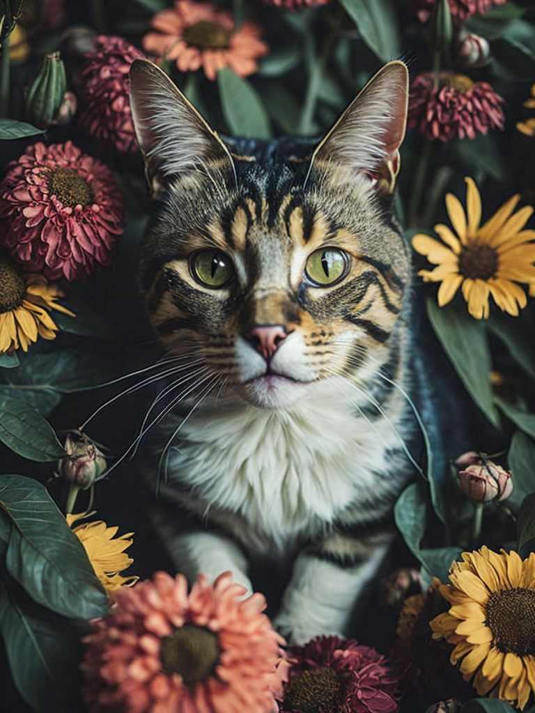 A cat is surrounded by flowers and flowers in a pile of them, looking up at the camera, a stock photo, conceptual art, photorealistic