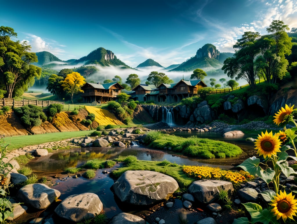 nature landscape, two hills behind of scene one of them dense forest other is stone and desert, lake int he middle of scene, creek coming to point of view, small stone bridge on creek,small waterfall stones of scene's left bottom side, green grasses and colorful flora close to viewer, wooden two story big house on right side on scene with sunflowers on front of it, mud road right bottom side of scene, many hills on fog on background horizon,