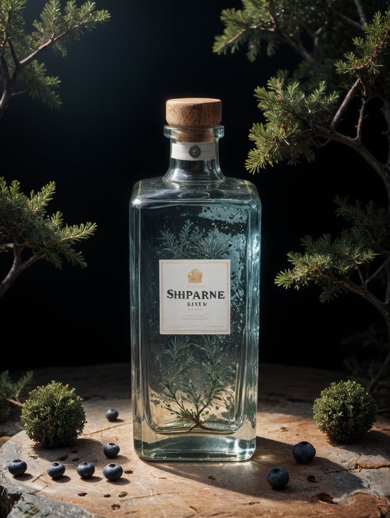 professional photography of a square gin bottle, square bottle, surrounding a juniper and juniper berries, one shot of gin in a front, no label, clear, mockup