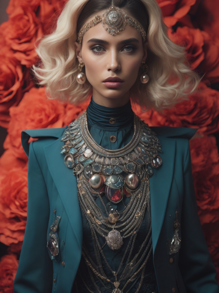 retrofuturistic massive huge jeweled necklace with huge diamonds and jewels on interplanetary interspecies male robot monster, horrific, terrifying, scary, mean. many spirder eyes, huge big jewel encrusted clothing, big pearls, precious gems. The set design is bold geometric patterns photographed by Romina Ressia, film still from wes Anderson, Gucci, Versace, givenchy, medium shot fashion, award winning photography, arty pose, fashion, diaphanous layered ultra haute couture, high definition, high resolution, bold vibrant colors , volumetric lighting, 8k, 3d render