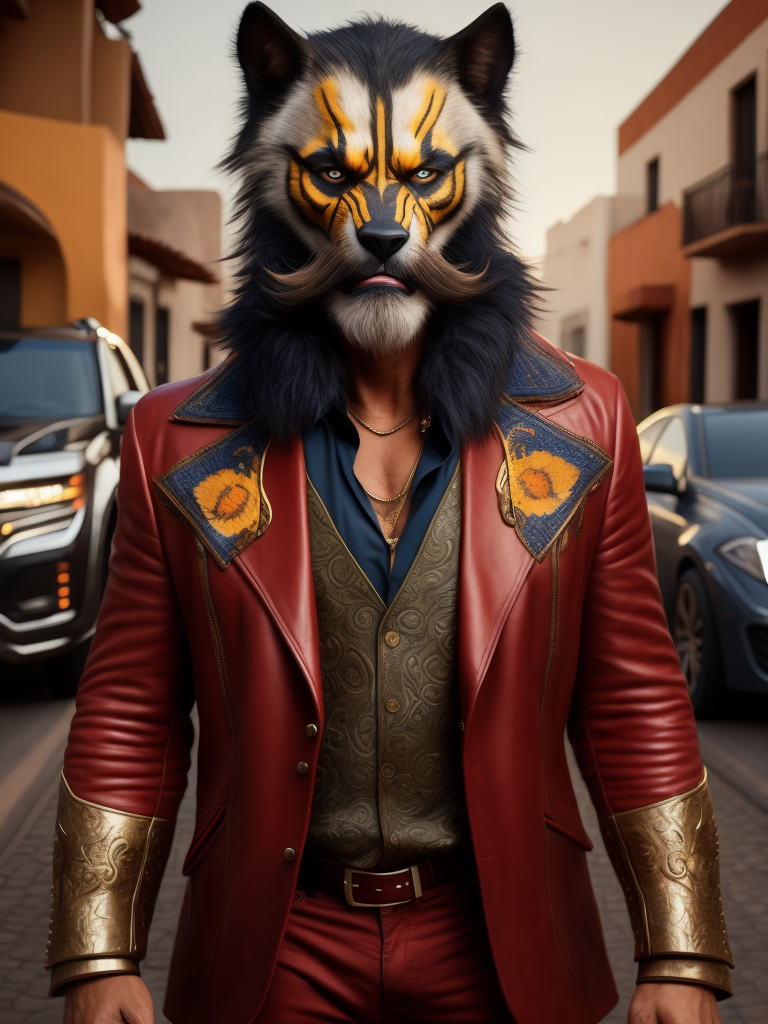 Wolverin marvel character on a mexican street with mexican clothes and bog moustache, with colorful bakcground, vogue and stylish