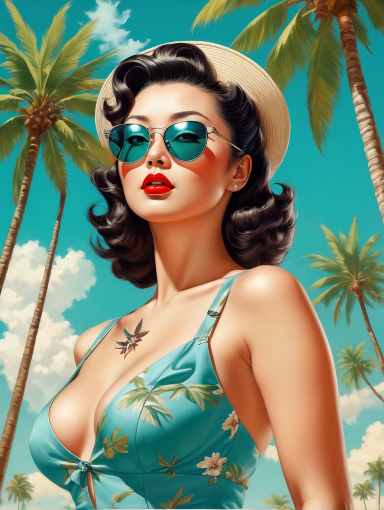 Pin up art, portrait, a old Japanese mafioso raised his head up, looks at the sky, sunglasses, one airplane flies in a clear sky and leaves a mark, summer, palms around, palms reflected on a sunglasses, turquoise shades, style by Gil Elvgren