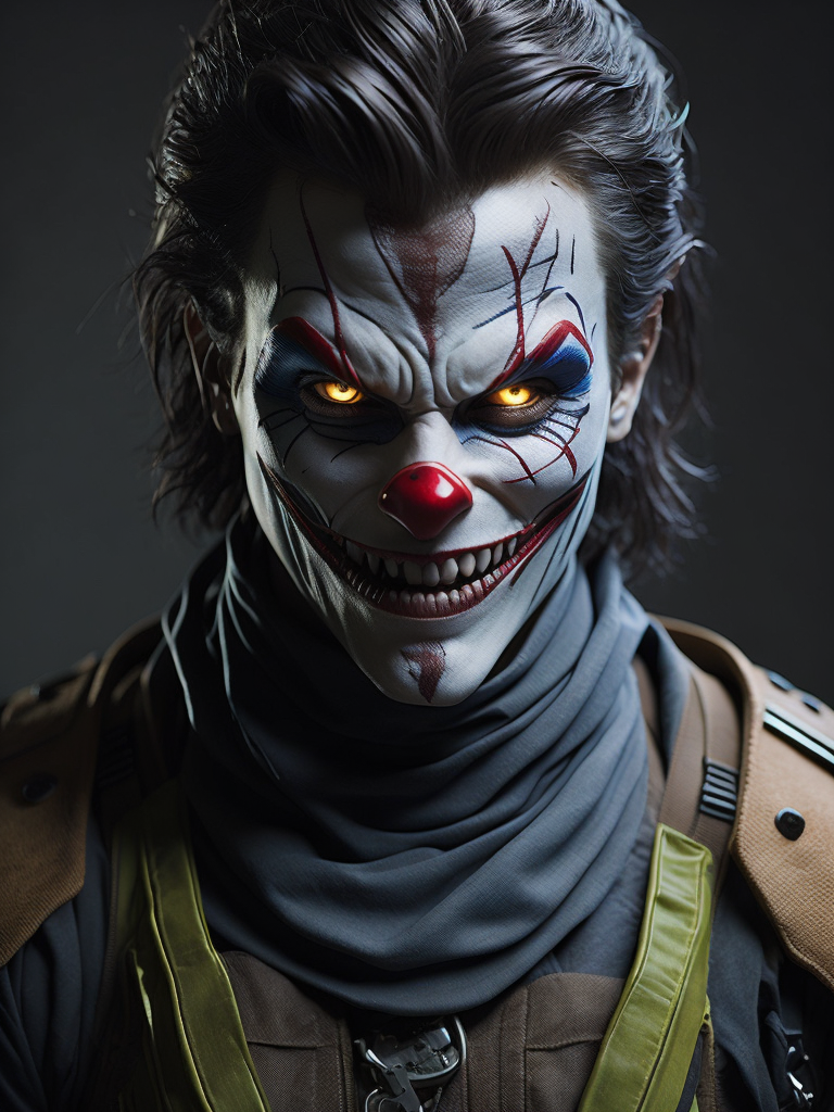 portrait of terrorist with HARD PLASTIC clown mask on face and X on mounth, CS:GO, counter-strike Agent, dark, deep, scary, crazy, hyper realism, ak-47, neon light photorealistic, raytracing, Unreal Engine, Cinematic, Ultra Wide Angle, Depth of Field, hyper detailed, crazy details, intricate details, Cinematic, ((epic))