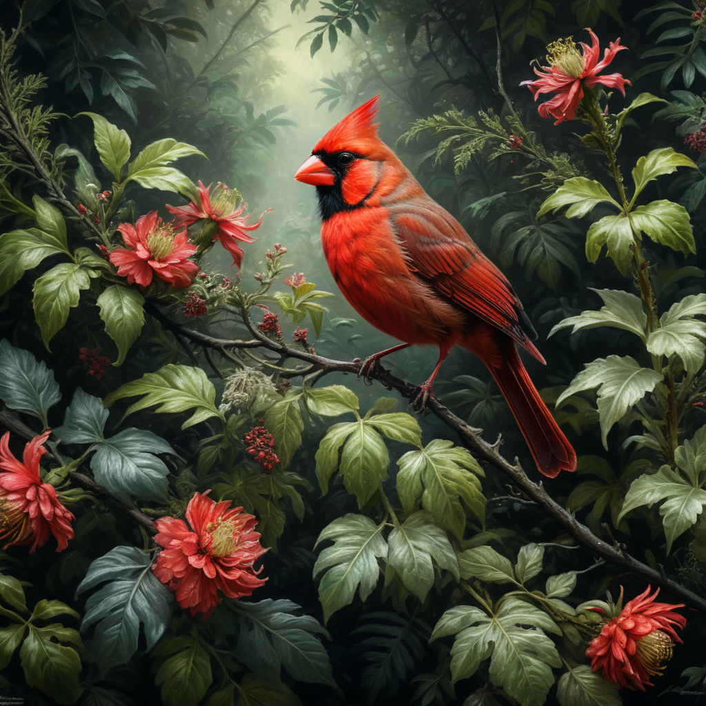 An Edwardian botanical oil painting, illustration of a red cardinal bird on a branch surrounded by flora and fauna
