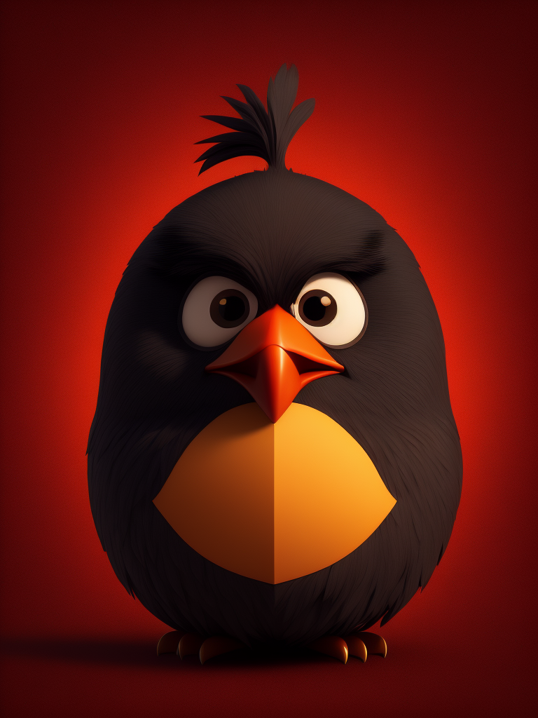 angry birds, black round bird on red background, standing centered in 3D style, rendered using beautiful Disney animation, Pixar style, Disney style, 3D style