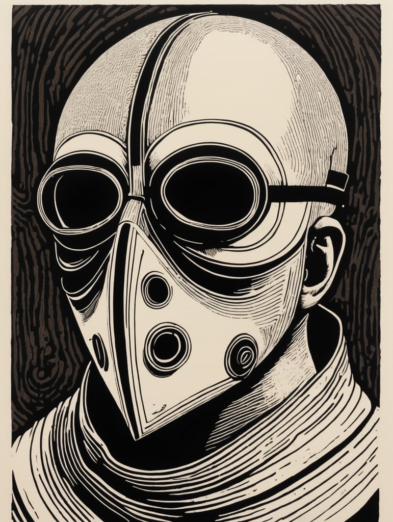 Woodcut, Plague mask, black and white, bold lines