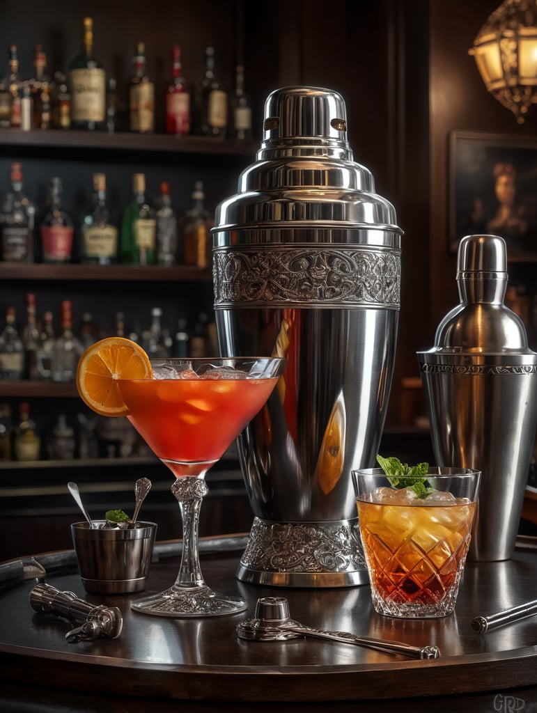 in the style of Catherine Abel - cocktail shaker and cocktail