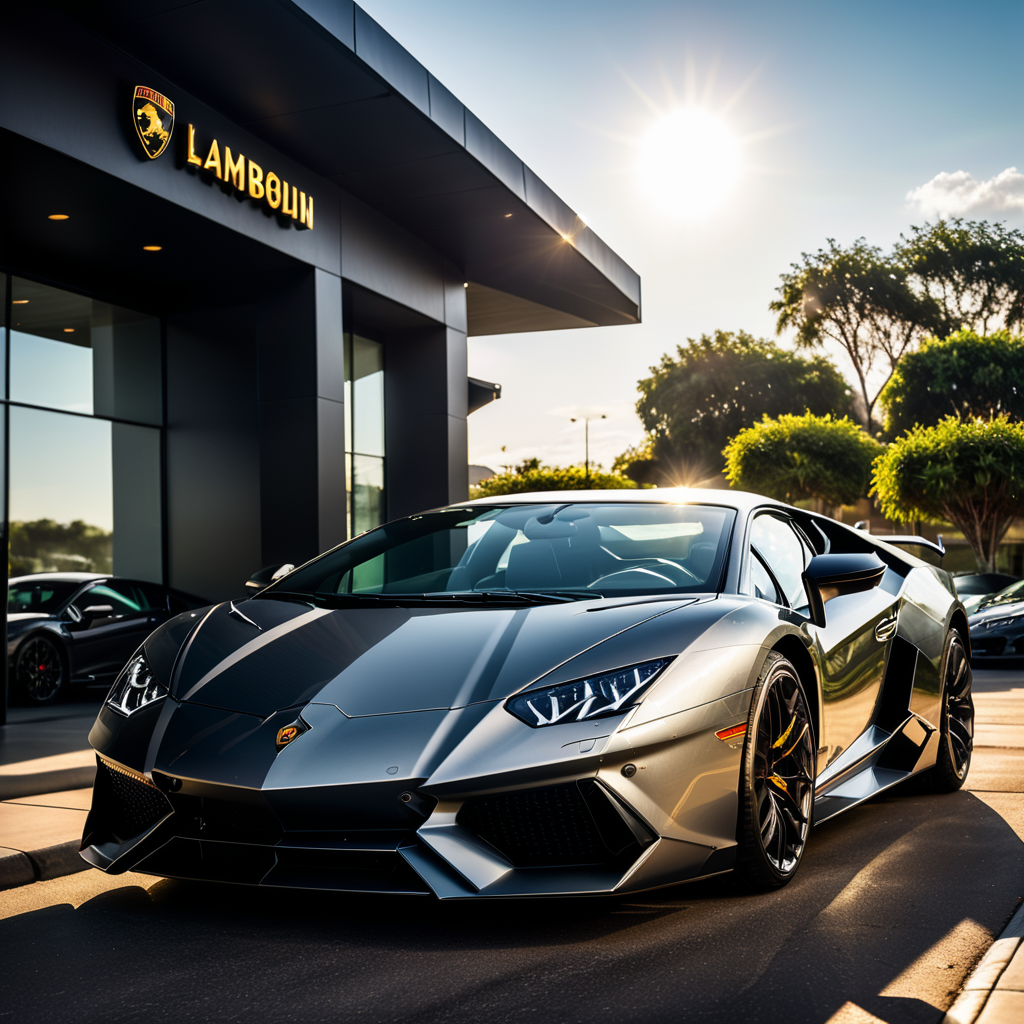 A beautiful lamborghini collorado standing out of the showroom, realistic sunlight, realistic day, photorealistic, 32k.