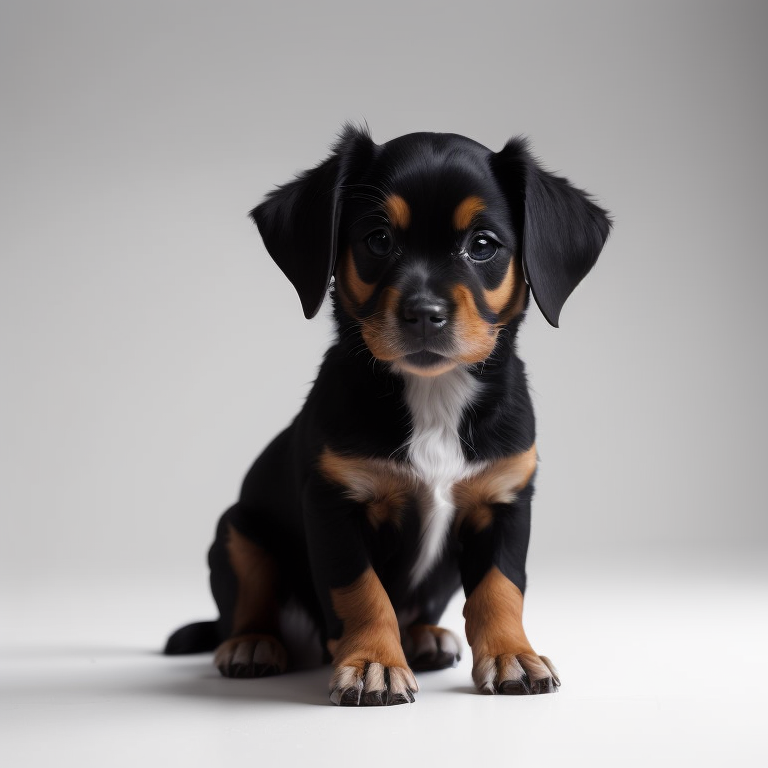 2d vector character, cute puppy sitting on the white floor, flat vector graphics, white background, black lines, high quality details, perfect line art, strong outline, vector sticker, isolated clipart