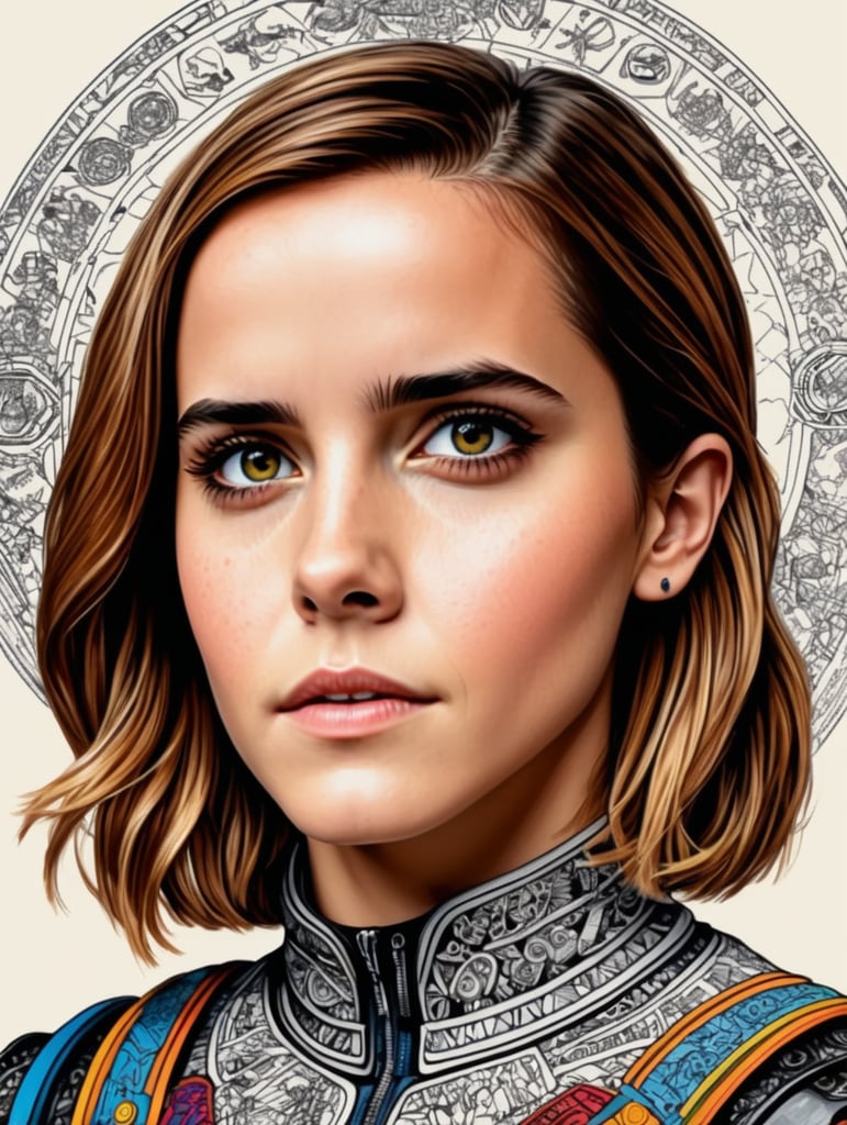 Detailed pen and ink illustration of Emma Watson, head only, detailed anthropology, minimalist background, by herge, in the style of tin-tin comics, colorful, detailed, high quality