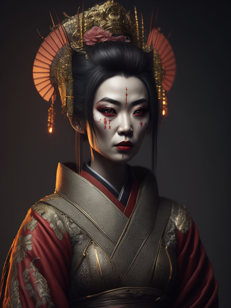 Portrait art of undead geisha, detailed, intricate, full of colour, cinematic lighting, 4k, focused, extreme details, cinematic, masterpiece