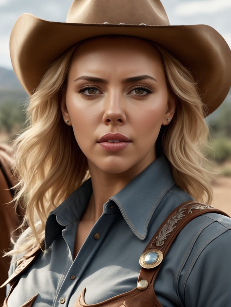 Hyper realistic 16k image of Scarlett Johansson as a cowgirl