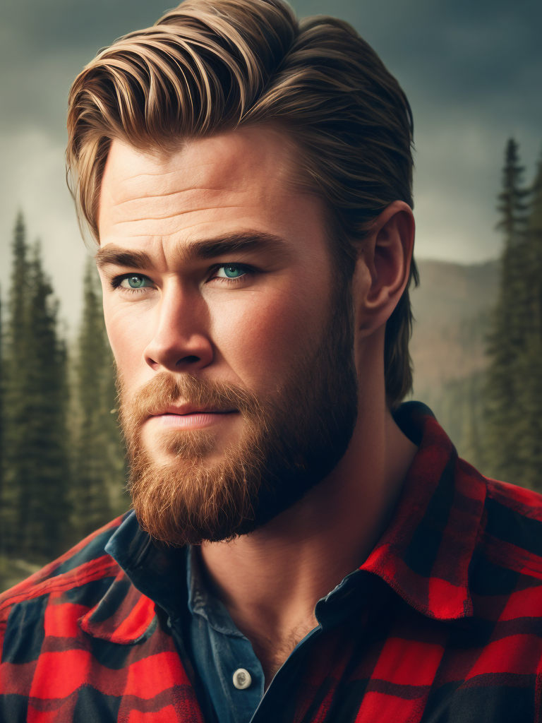 Portrait of Chris Hemsworth as a Canadian lumberjack, with a large beard and a plaid shirt, against the backdrop of a dense forest, bright saturated colors, Contrasting cinematic light