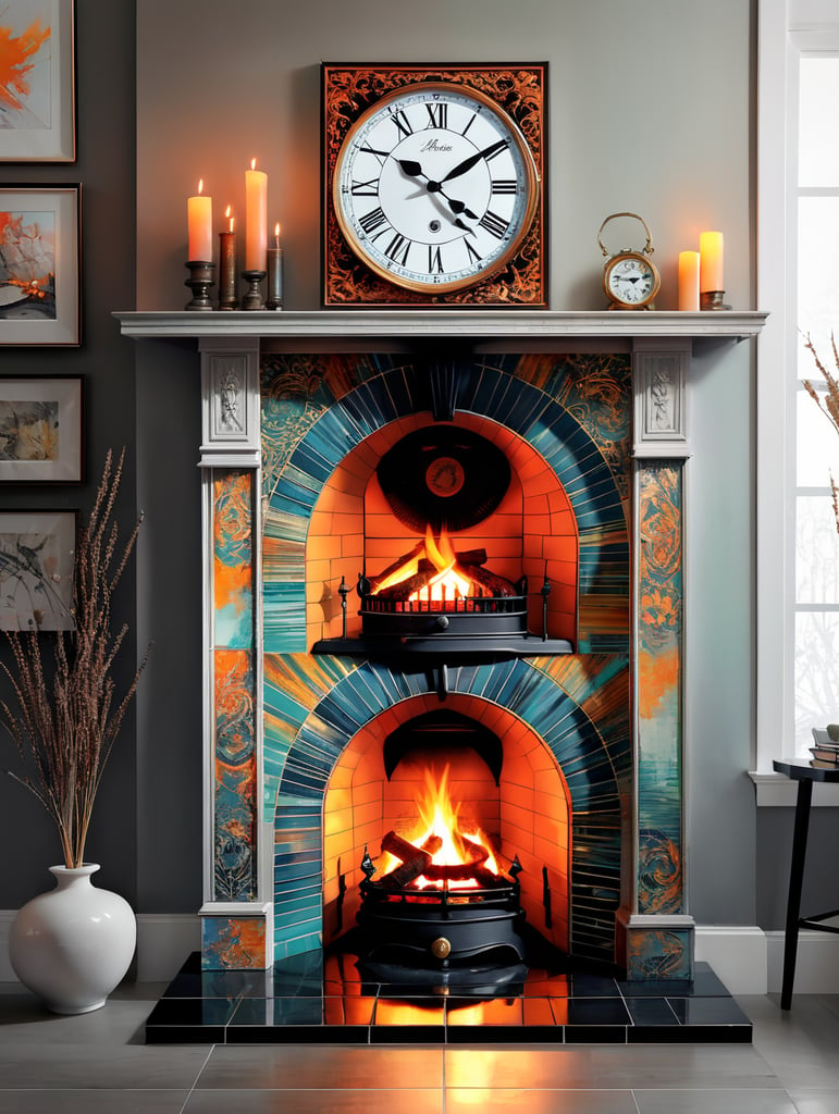 Straight on Front view of Wood burning in a fireplace with a tiled surround and a simple mantle piece with a small old clock on the wall