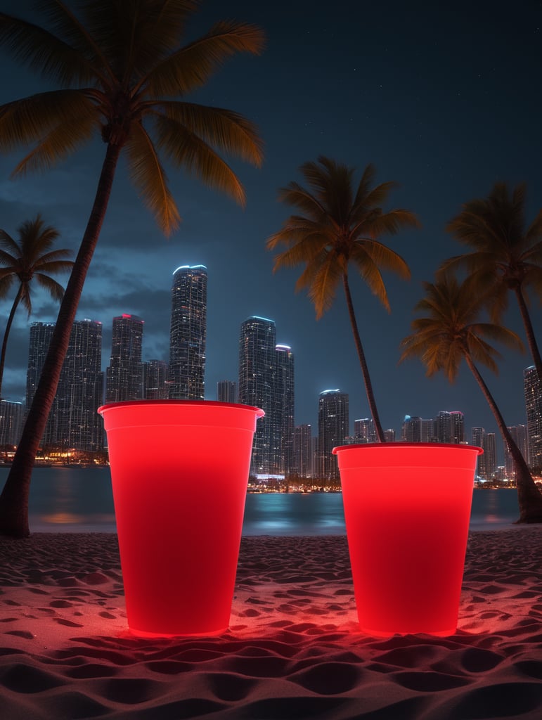 hyper realistic neon palette, highly detailed beach at nighttime, one red plastic cup, downtown Miami background, palm trees, unreal engine, octane render, cinematic lighting, y2k, bright colors, hyper realistic, low angle, 16k, 8K UHD, 8K texture, cinematic, rim lighting, neon palette, color theory, dramatic, volumetric lighting, 35 mm, in focus, unreal engine, highly detailed, octane render, ultra-high resolution.