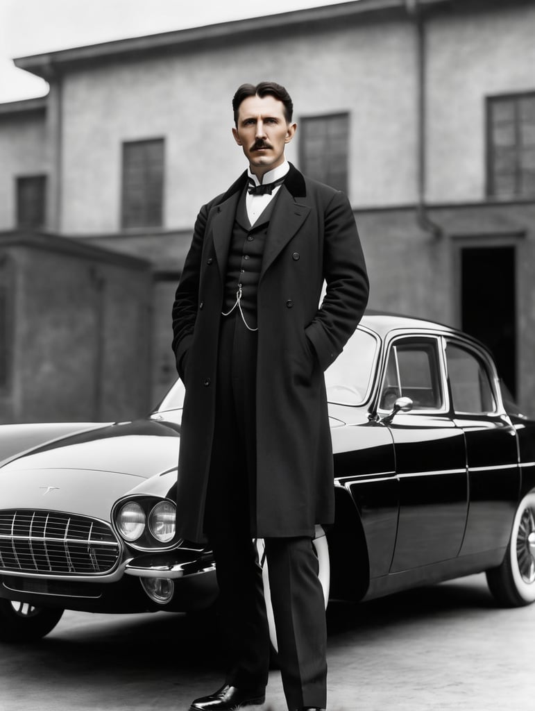 Nikola Tesla looks directly into the camera, with a Tesla car standing behind him.