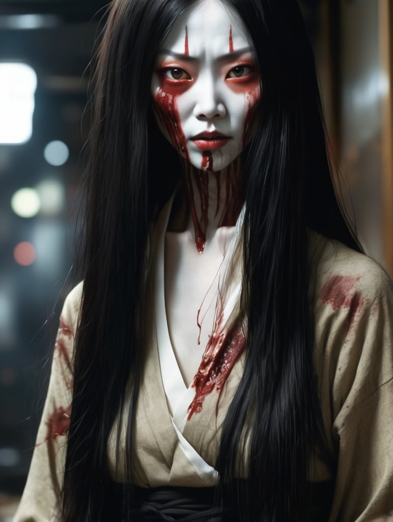 Kuchisake-onna (口裂け女, 'Slit-Mouthed Woman')[1] is a malevolent figure in Japanese urban legends and folklore. Described as the malicious spirit, or onryō, of a woman, she partially covers her face with a mask or other item and carries a pair of scissors, a knife, or some other sharp object. She is most often described as having long, straight, black hair, pale skin, and otherwise being considered beautiful (except for her scar). She has been described as a contemporary yōkai.[ ,Rotting flesh ,hored of flesh horror, ironic, creepy, scary caricature, satire, hyperdetailed illustration by Brian Bolland and iconic, hyperdetailed, digital illustration by Derek Riggs, (iconic, hyperdetailed, haunting digital illustration by Zdzisław Beksiński and Peter Gric. ) and artist Vincent Locke