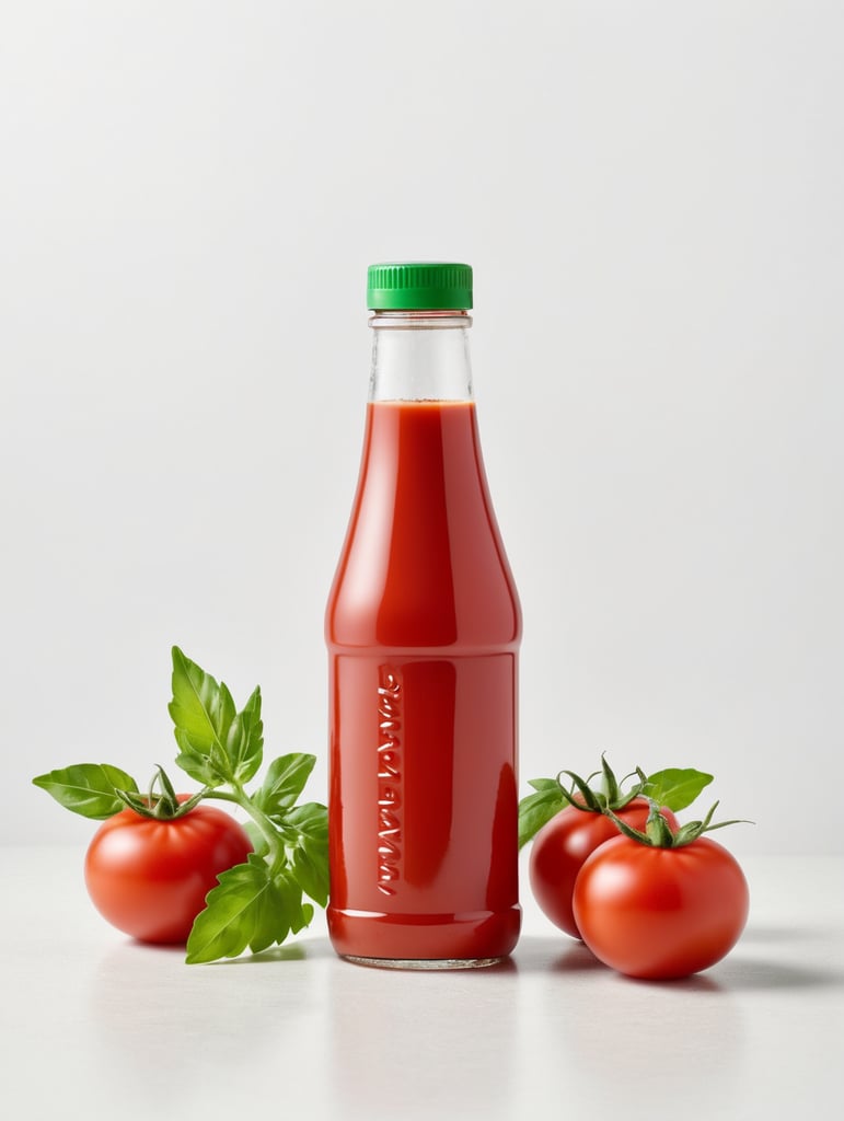 tomato ketchup bottle, red tomato with green leaves, isolated, white background