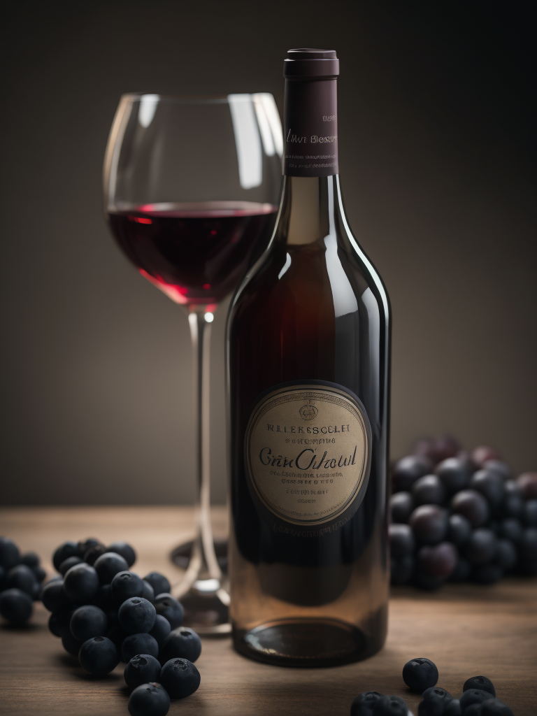 wine bottle with glass of dark red wine, grapes