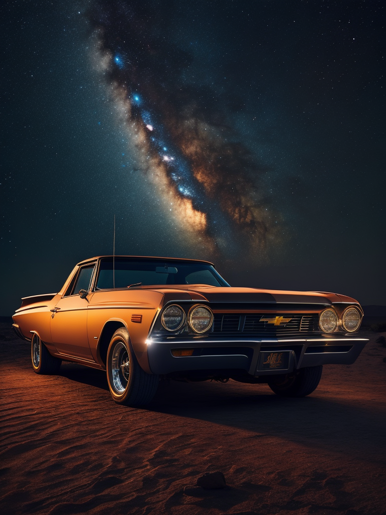 Chevrolet El Camino car desert night photography neon interior lighting photorealistic high definition cinematic photography starry sky background vintage car night time beauty desert drive