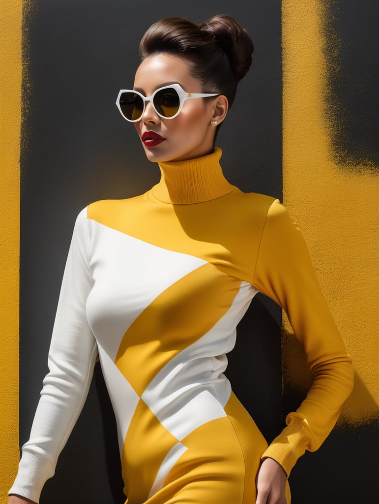 Front profile full body photography, in front of black wall, a hip hop 80's British model woman with 50's haircut, in a yellow and white turtleneck dress and large sunglasses, art by Sergio Lopez and Salvador Dali