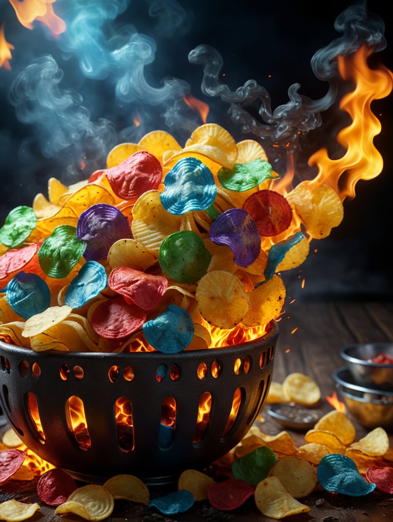 Generate an image of Lots of Potato Chips covered on fire, bright and saturated colors, elegant, highly detailed, sharp focus, 4k, Bright expressive colors, Dramatic Lighting, Depth of field, Incredibly high detailed, blurred infinite background.