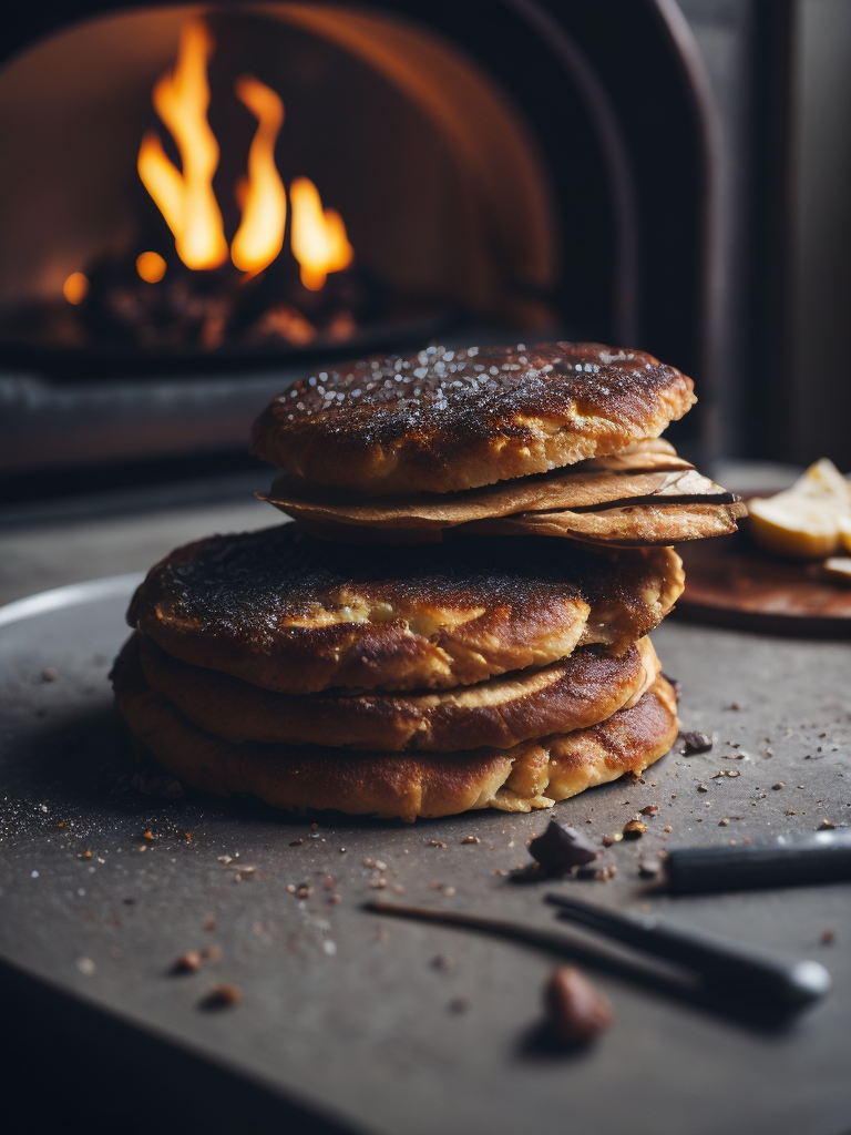 macro photo of a slice of delicious pan cake in front of a stone oven, fire oven, light it fire, food photography, close up, advertising photography, soft light, extremely detailed, beautiful, artistic, hyperrealistic, octane render, cinematic light, dramatic lights, masterpiace, light brazen