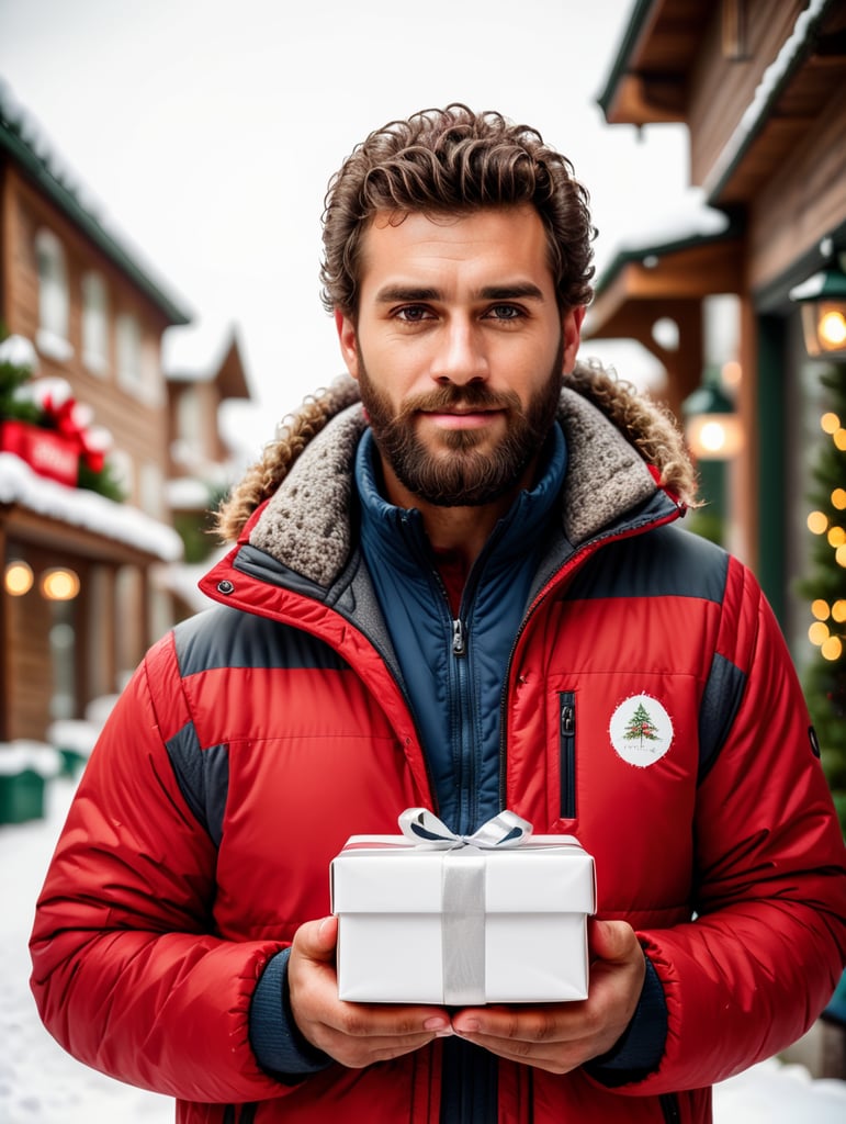 portrait of a bearded curly man wearing red puffer jacket, stands front camera with gift box his hand, snowy weather, Christmas time