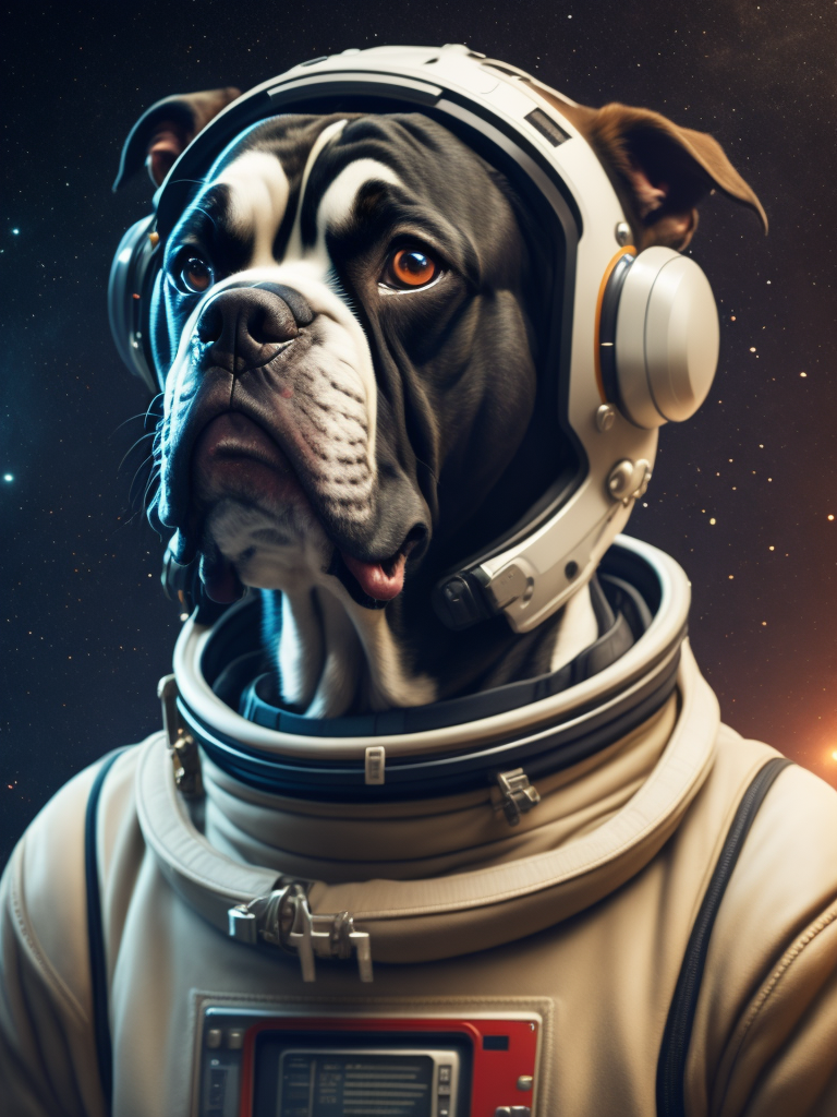 boxer dog wearing a space suit