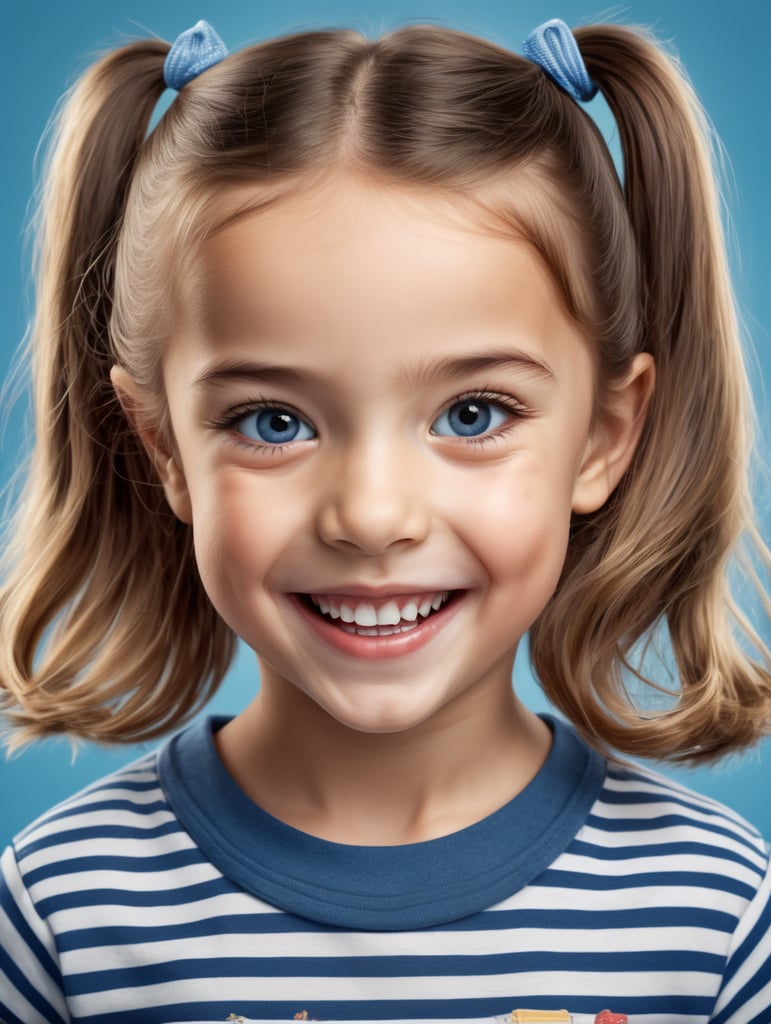 photo happy little girl going to travel, cute girl, Striped T-shirt, blue background, harpers bizarre, cover, headshot, hyper realistic