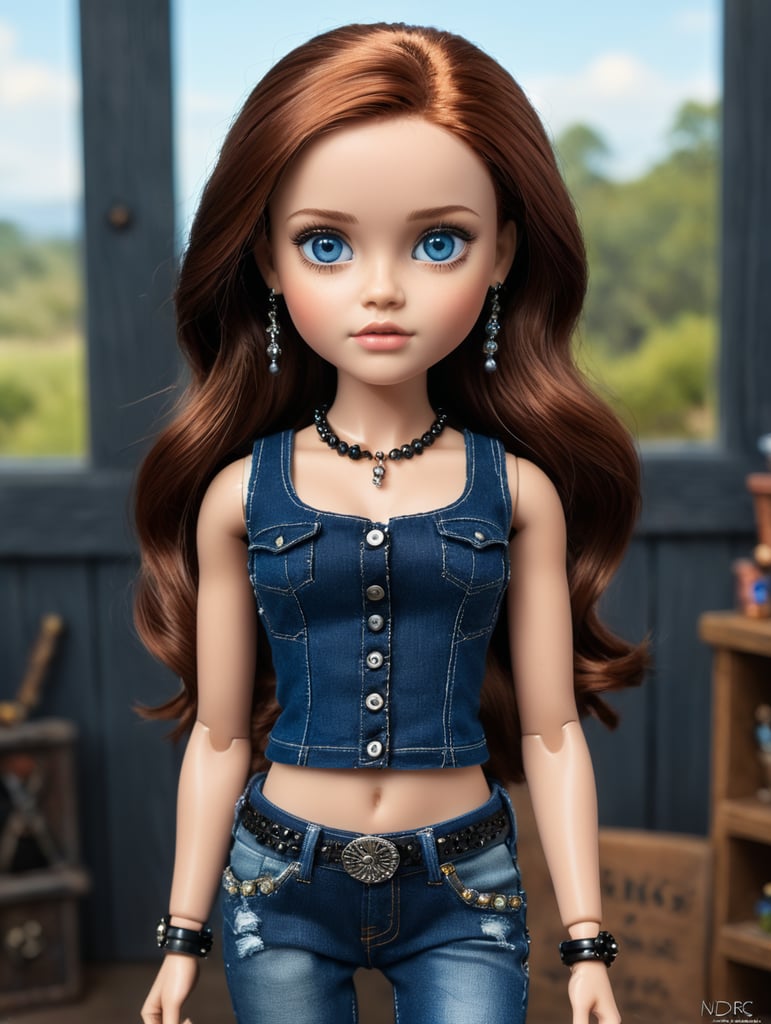 This is Katie, she had short brown auburn hair and blue eyes she wears dark wash jeans with a black studded tank and lots of silver jewelry. Make Katie a Blythe Doll with a Blythe doll box.