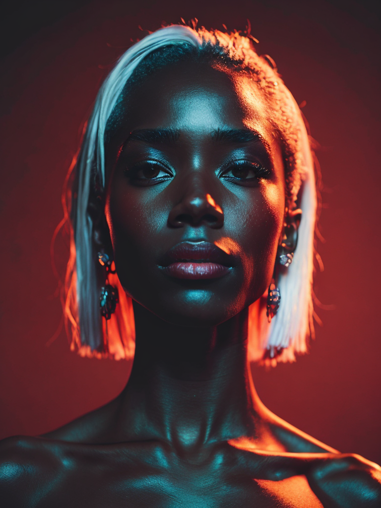black girl on a red background, red light reflection on her face, White hair