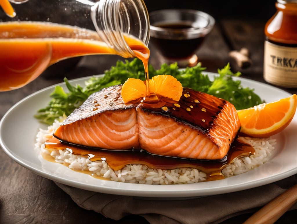 Teriyaki Dressing mixed with some orange syrup pouring over a salmon on a dinner plate, keep the bottle that the teriyaki dressing is pouring from in proportion