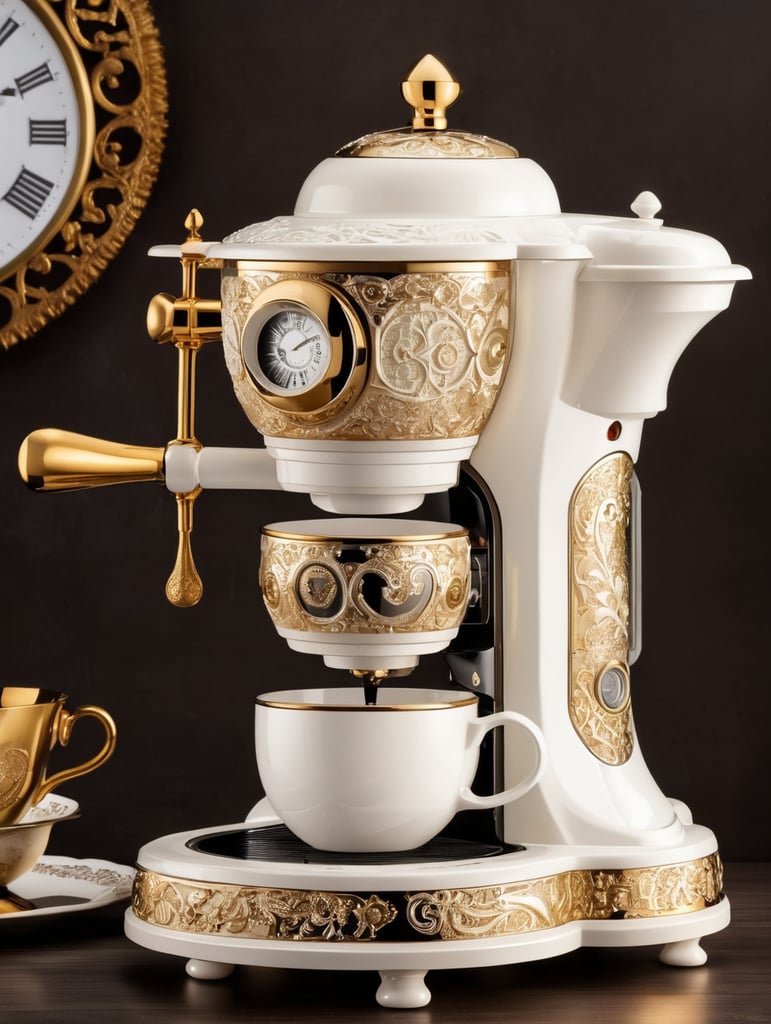 coffee maker made in steampunk style, decorated with gold, carved white plastic, ivory color, deep engraving
