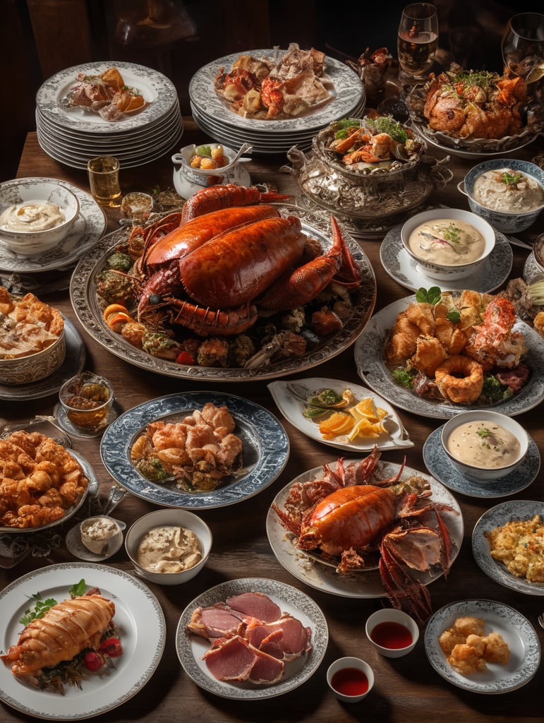 Photos of fried pheasant surrounded by Corsican thrushes, aspic boar ham, fried kid with tartar sauce, magnificent turbot and giant lobster. There were plates of snacks between the large dishes. The dishes were silver, the plates were made of Japanese porcelain