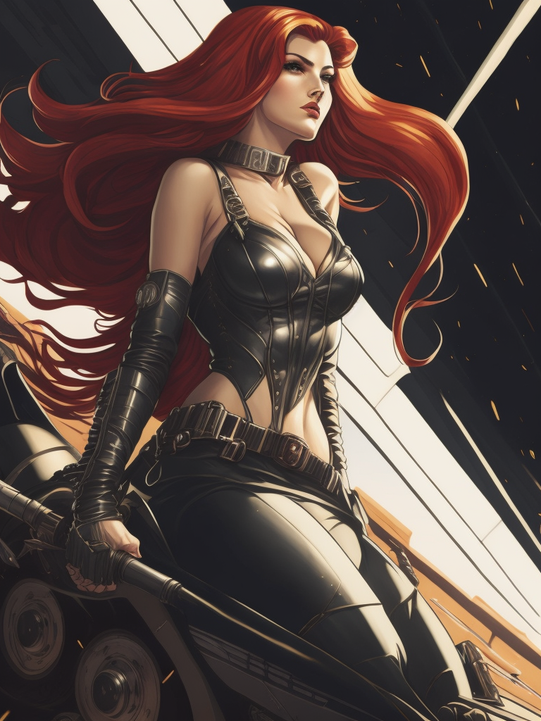 Miss Fortune pin-up in the style of ed emshwiller, curvaceous body, sitting on a rocket in the style of ed emshwiller, beautiful face, sparkling eyes, flowing long hair, scene, digital art, centered, sunlight, godrays, vignette, shaders, intricate, highly detailed, bloom, sharp focus, depth of field,