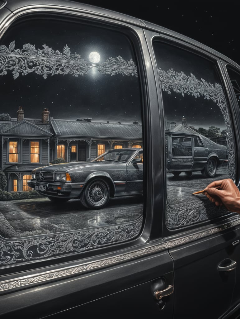 hand drawn in grey lead pencil detailed image of night refelctions on car side window of a man walking past , australian house