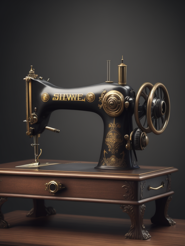 Vintage sewing machine, sharp focus, highly detailed, Dark gradient background, Muted colors
