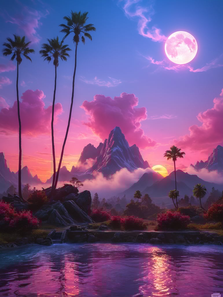 vaporwave, sunset pink, realistic photos, detail texture, litte fog with focus object detail