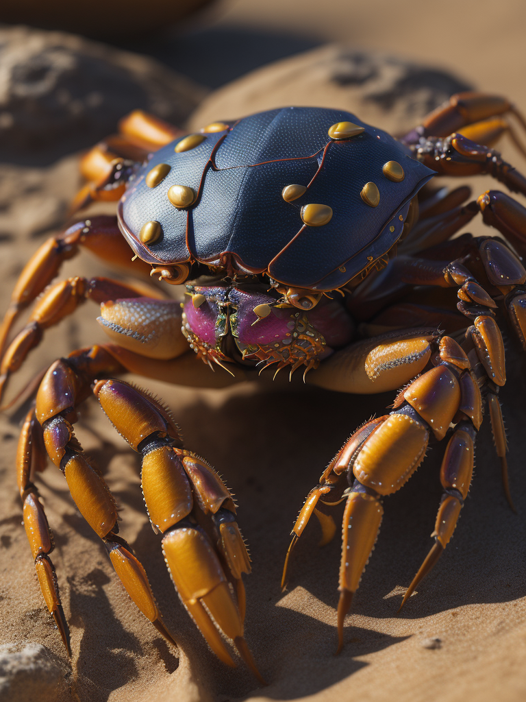 A hyper-realistic, high-resolution 16k image capturing a close-up of jeweled crabs, their shells adorned with intricate patterns and vibrant colors. The crabs should be situated on a sandy beach, the grains of sand providing a contrasting texture to the smoothness of their shells. The lighting should be the warm, golden light of a setting sun, casting long shadows and highlighting the jewel-like colors of the crabs. The composition should be a macro shot, focusing on the crabs and showing the world from their perspective.