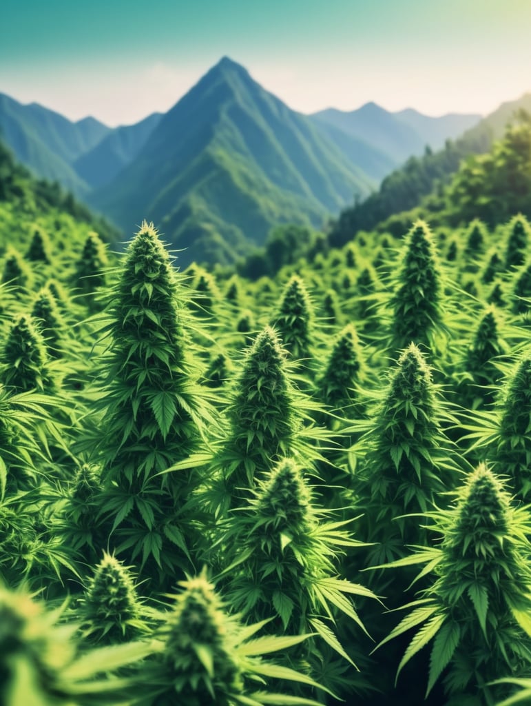 marijuana field, three mountains background, tall, green, realistic, high contrast, high color effect, 8K, detail, focus, scenery